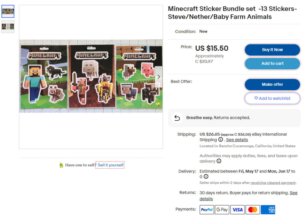 eBay Minecraft Stickers