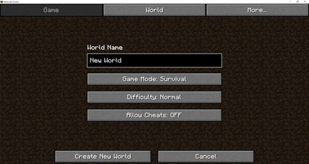 Select World Settings-Minecraft Survival Mode